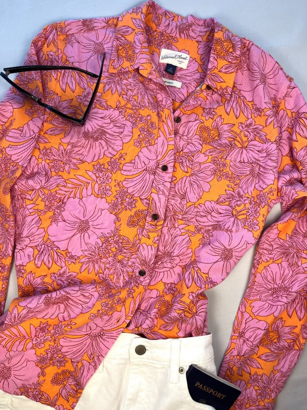 Universal Thread  Floral Linen Blend Pink Orange Button-Up Oversized W XS Shirt